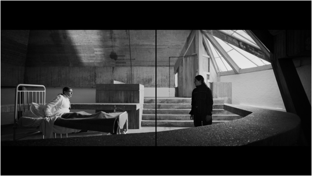 black and white photo of an interior space